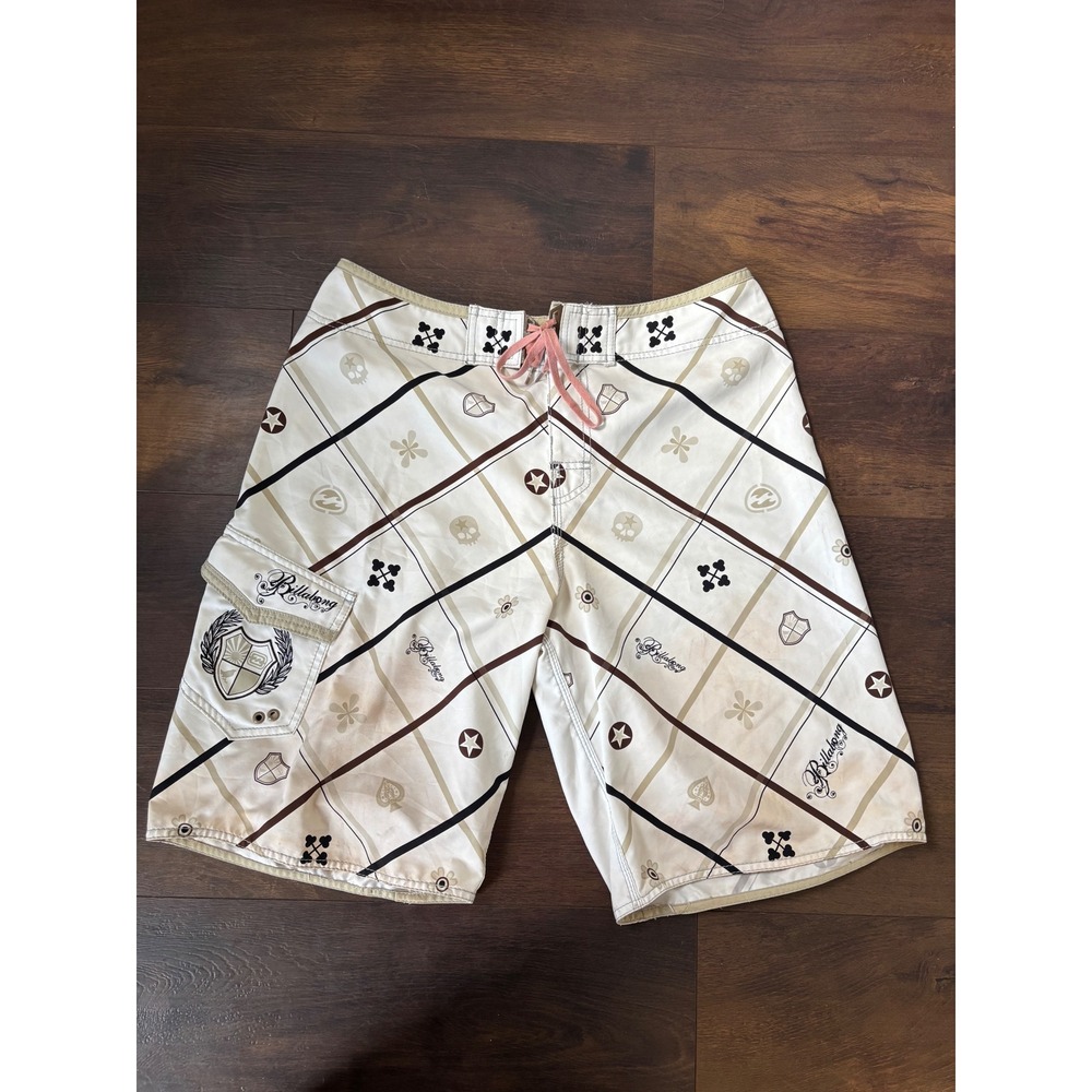 Billabong Mens Board Shorts Size 36 Cream Brown Plaid Skull Crest M1105CAP Y2K